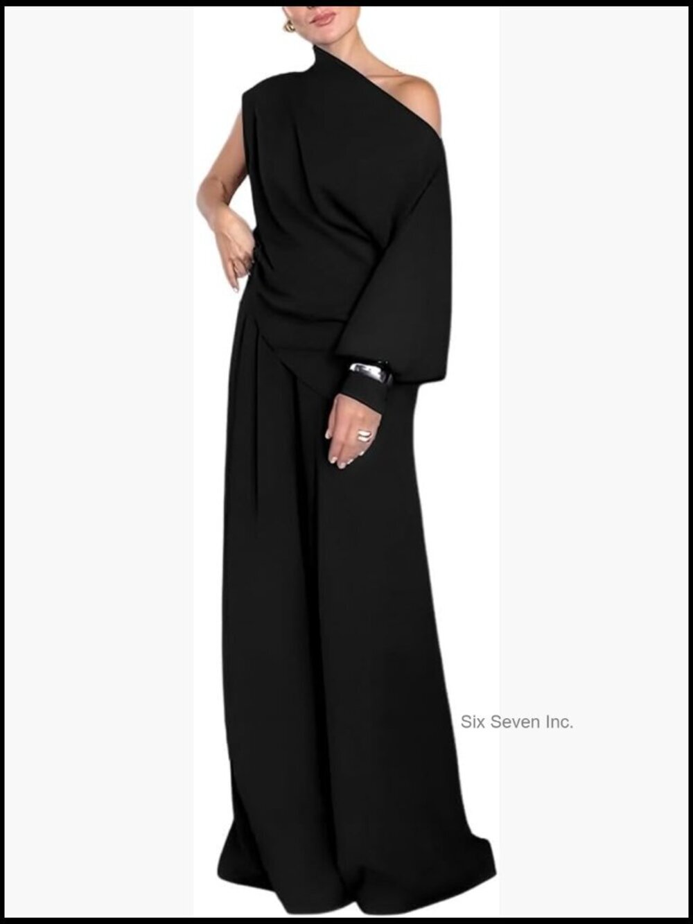 Elegant One Shoulder Side Slit Top and Flowy Wide Leg Pants Set